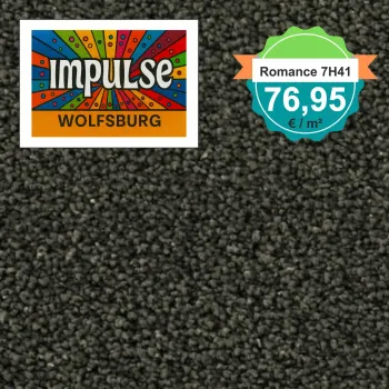 Teppichmuster mit Label „Impulse WOLFSBURG“ und Badge „Romance 7H41 – 76,95 €/m²“